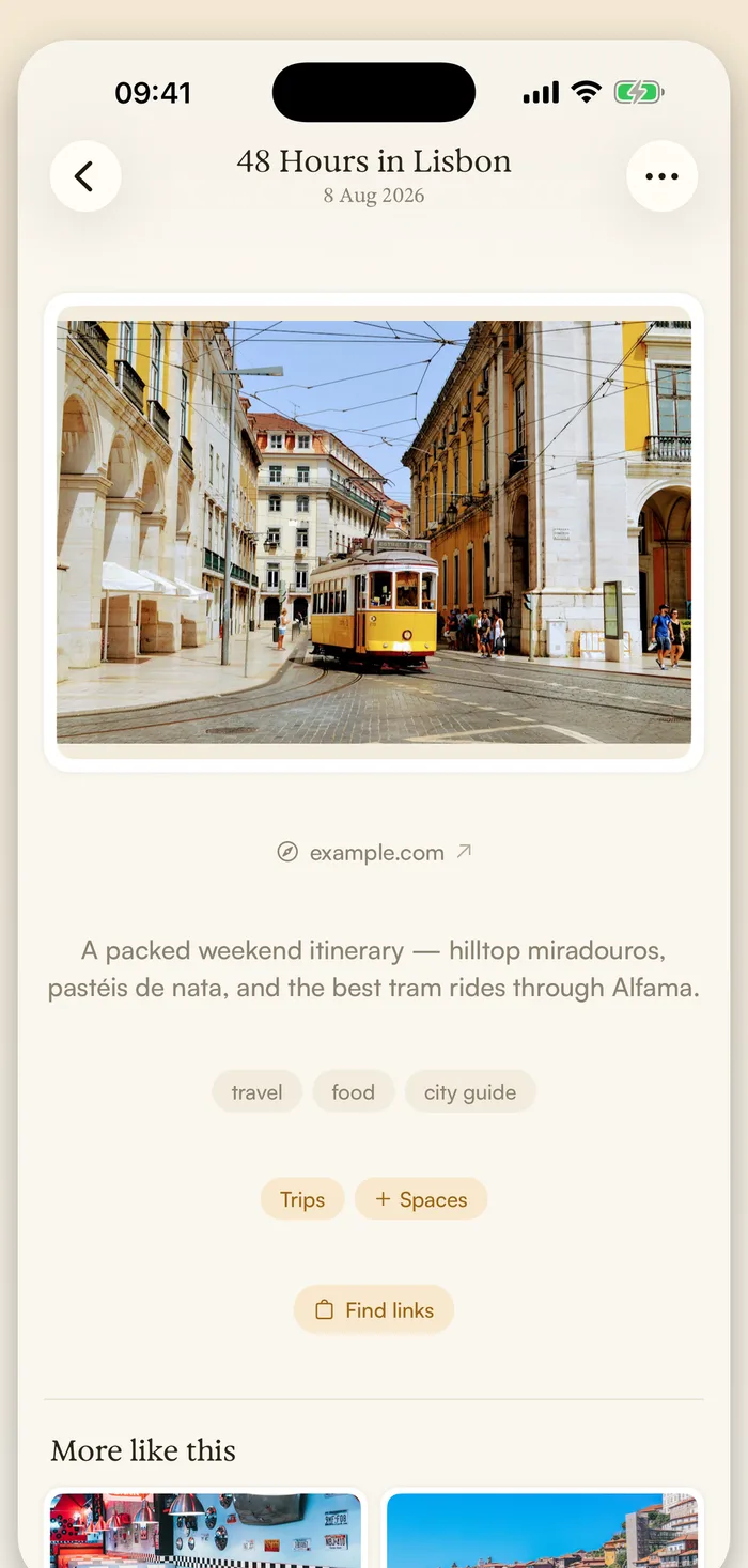 Shelvr detail screen with AI-generated summary, tags, and spaces